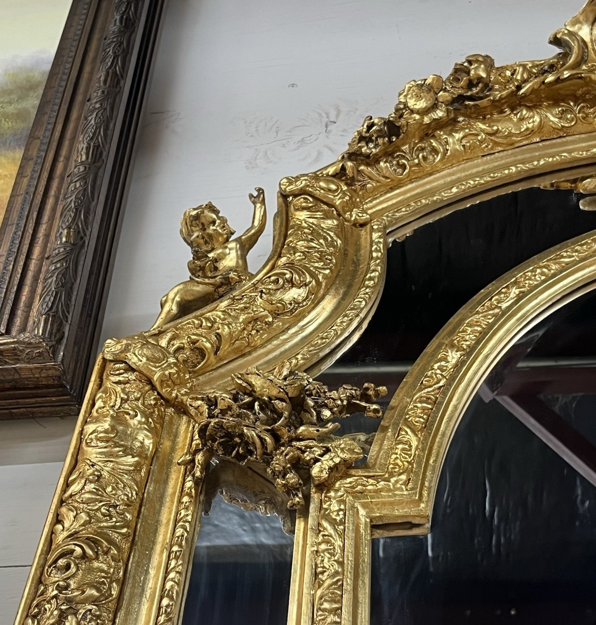 80.5" PAIR OF LARGE LOUIS XV GILT GOLD PARCLOSE CUSHION MIRRORS