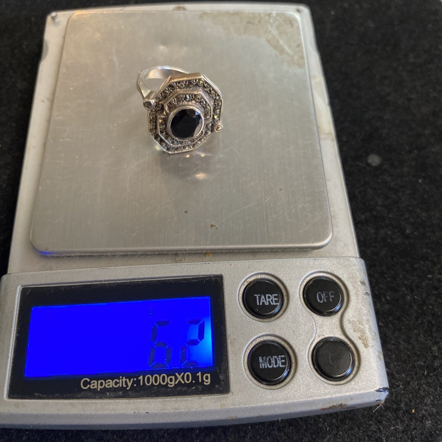 Sterling Silver 925 Faceted Black Onyx & Marcasite Stones Ring SZ 6.5 6.1g JM18