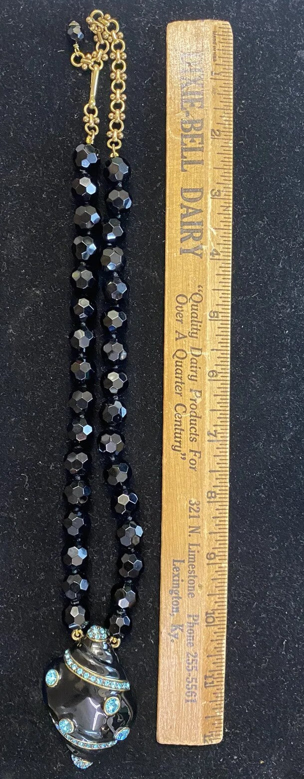 Heidi Daus Black Enamel Aqua Rhinestone Seashell Pendant Necklace