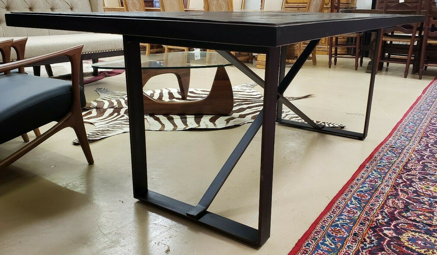 Restoration Hardware Style Metal Reclaimed Wood Table X Stretcher Dining Table