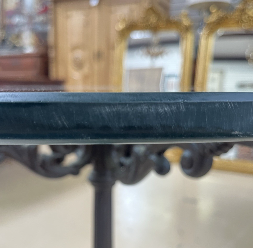 ANTIQUE FRENCH CAST IRON BISTRO/ PUB STYLE PEDESTAL TABLE W/ GLASS TOP