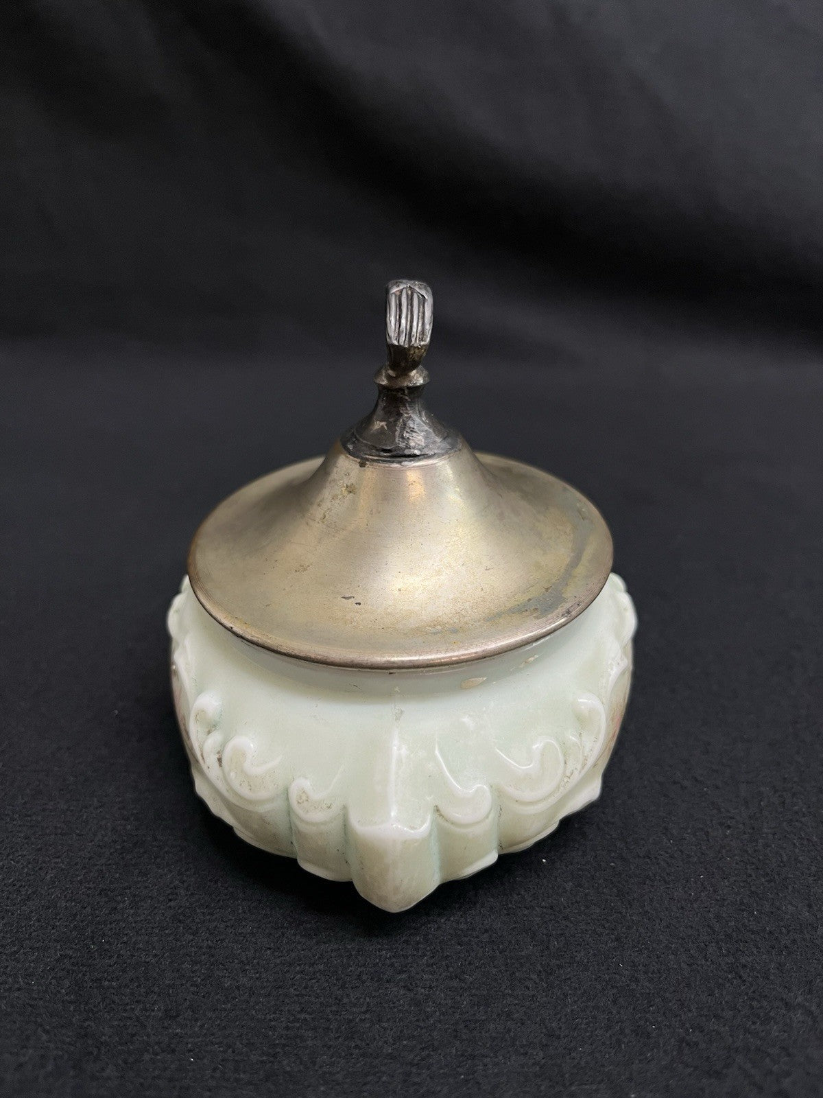 C.F. Monroe Co. Wave Crest Hand Painted Opal Glass Dresser Dish with Lid 4"