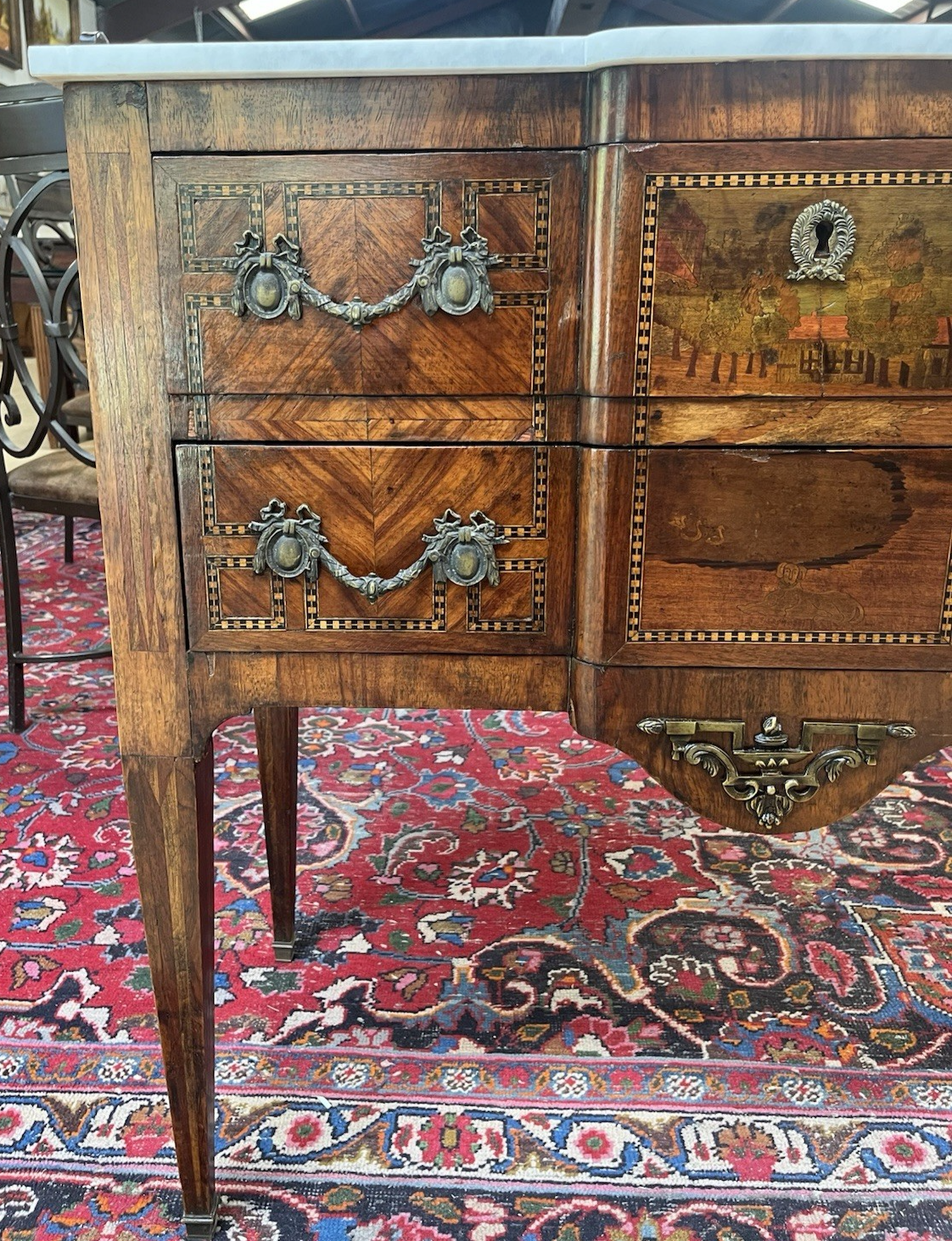 ANTIQUE FRENCH LOUIS XVI MARBLE-TOP INLAID BREAKFRONT COMMODE CHEST