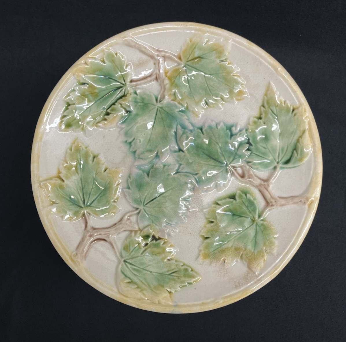 1800s Griffen Smith & Hill Etruscan Majolica Maple Leaf Pedestal Plate 9.5"