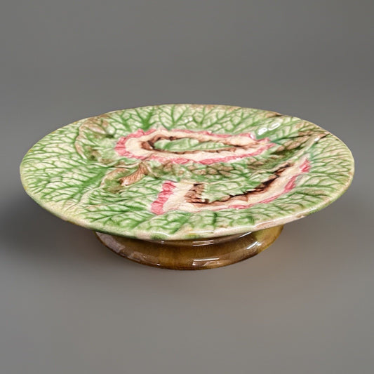 Vintage Majolica Begonia Leaf Pedestal Dessert/Serving Plate 9 1/4"