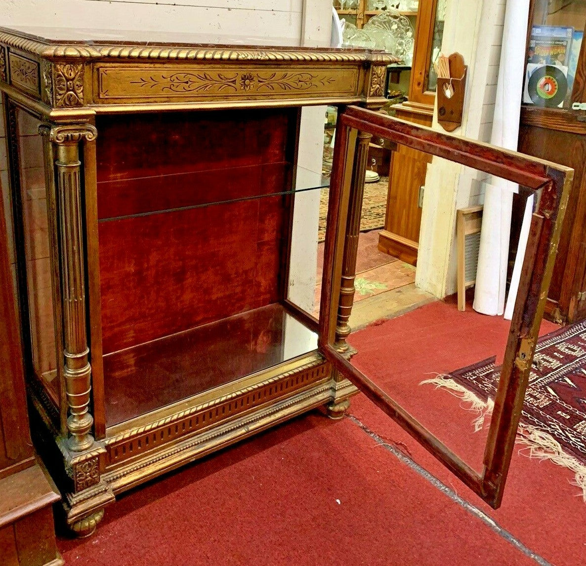 Antique French Gold Gilt Marble Top Vitrine Glass Door and Sides Display Shelves