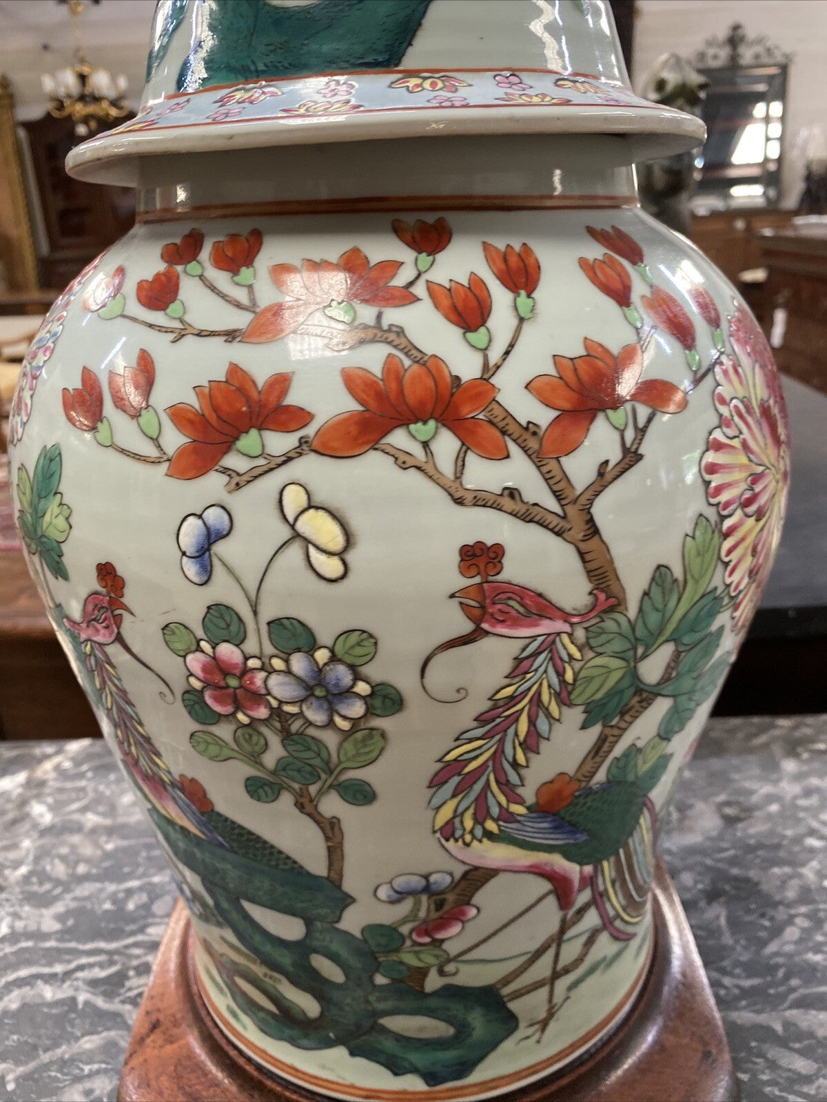 Covered Ginger Jar Famille Rose Qing Dynasty 19c Period Vase Foo Dog