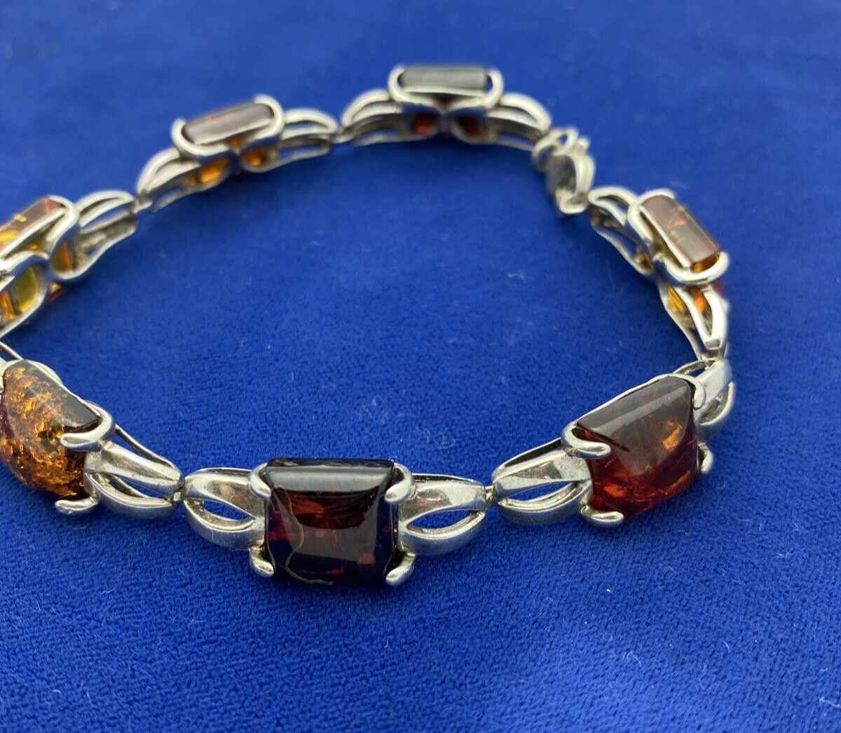 Vintage Baltic Poland Cognac Amber 925 Sterling Silver Bracelet Rectangle 15.2g
