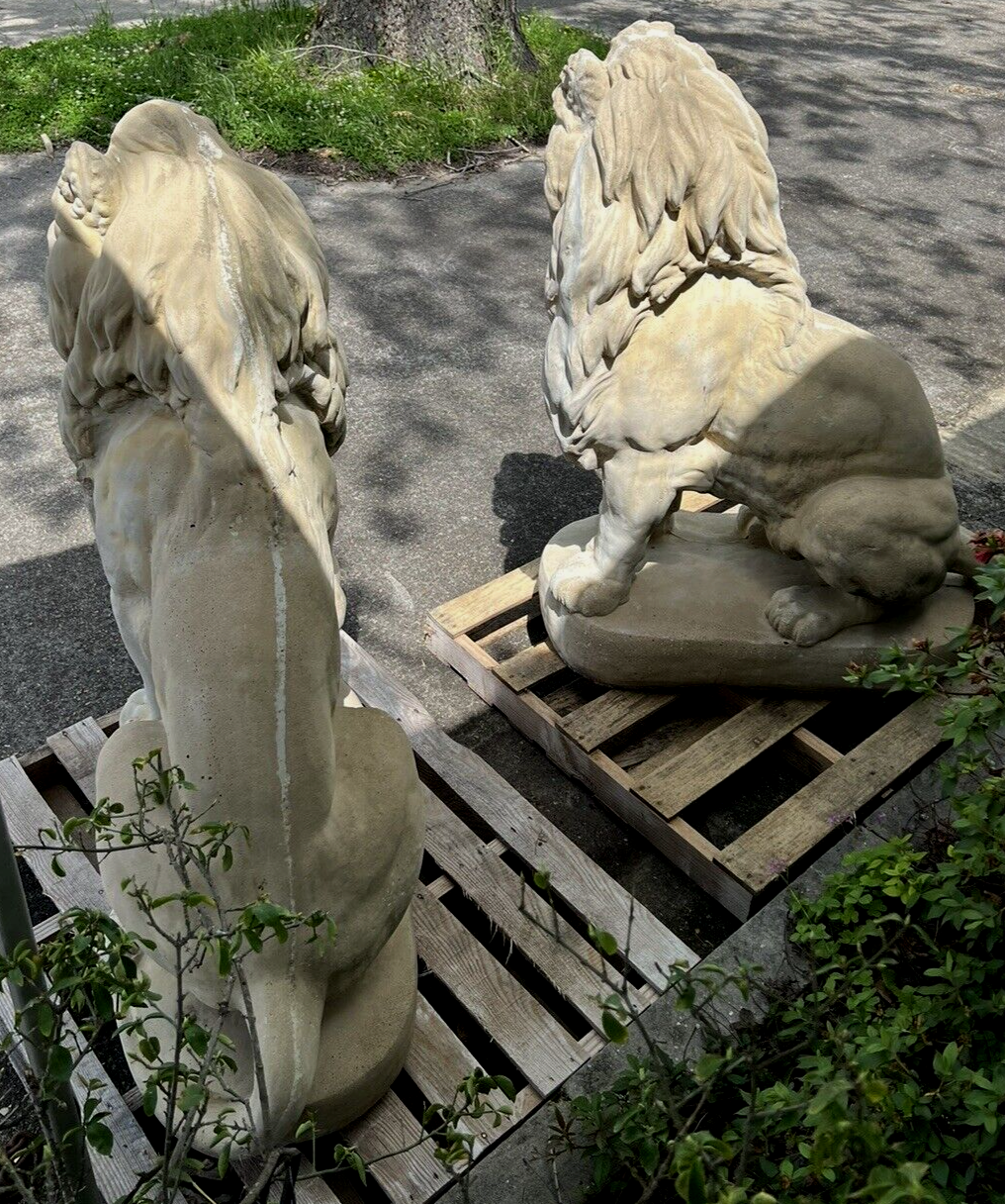 Full Size Large Pair of Belgian Cast Stone Entry Seated Lions Entrance Driveway