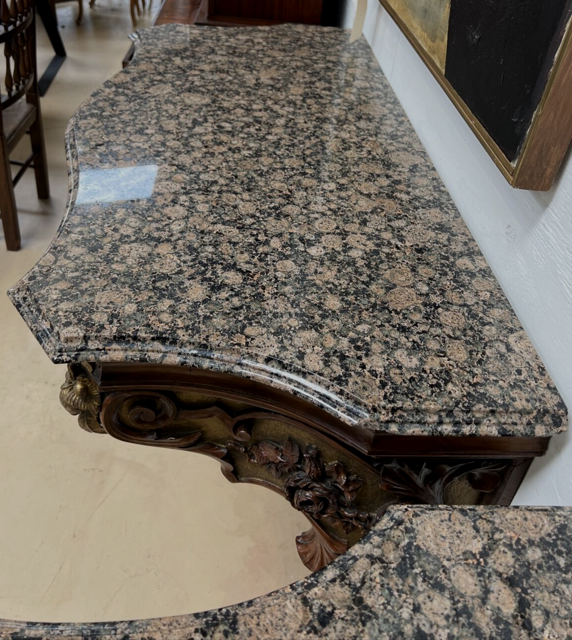 Pair French Rococo Carved Gilt Walnut Wall Mounted Consoles 47” Window Shelf