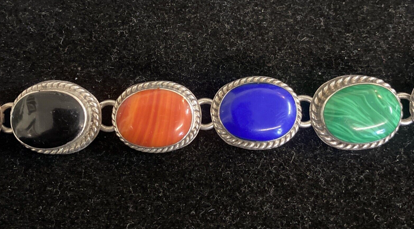 Mexican Sterling 7 Oval Links Gemstone Bracelet 7.5"  turqouise, coral 44.8g