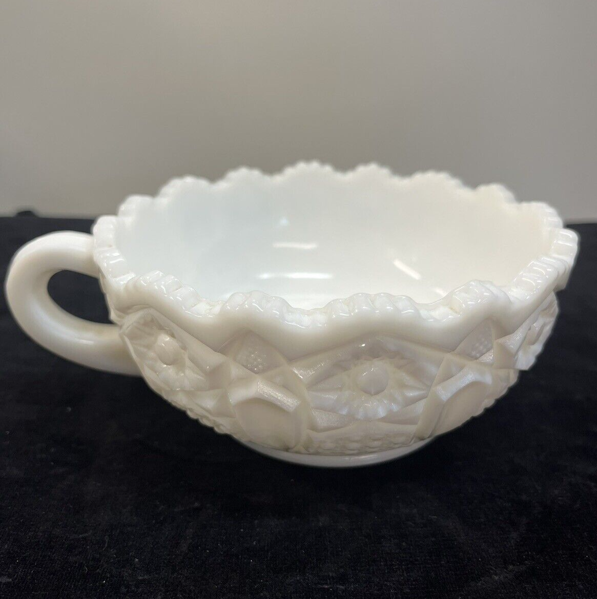 Nappy Bowl with Handle White Milk Glass L E Smith Quintec Pattern
