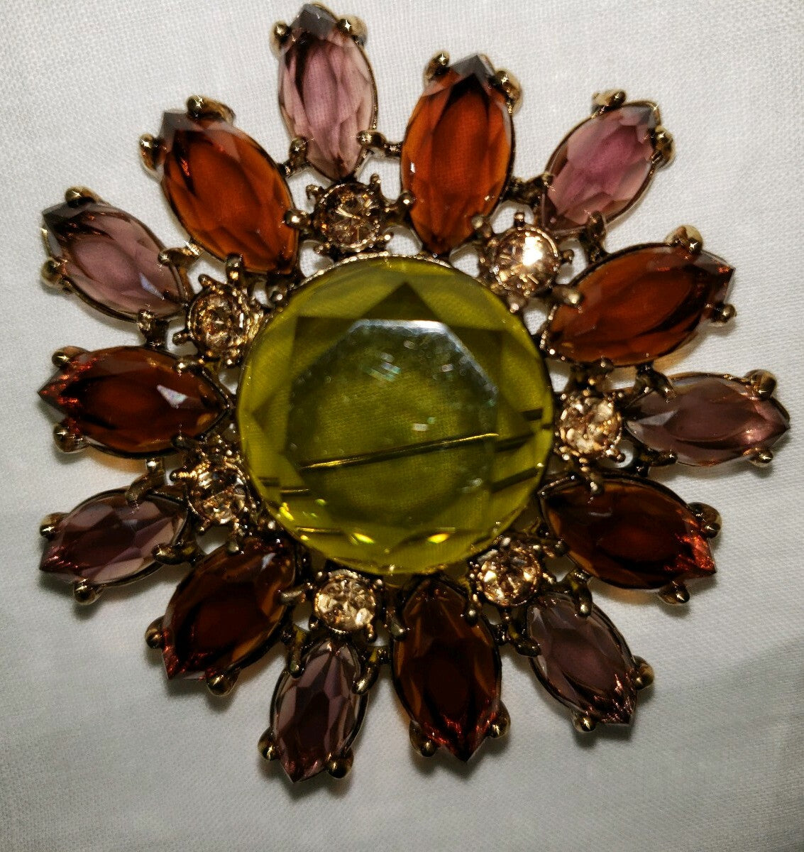 Vintage Signed Monet Topaz+ Green Rhinestone Round Brooch Flower Pin