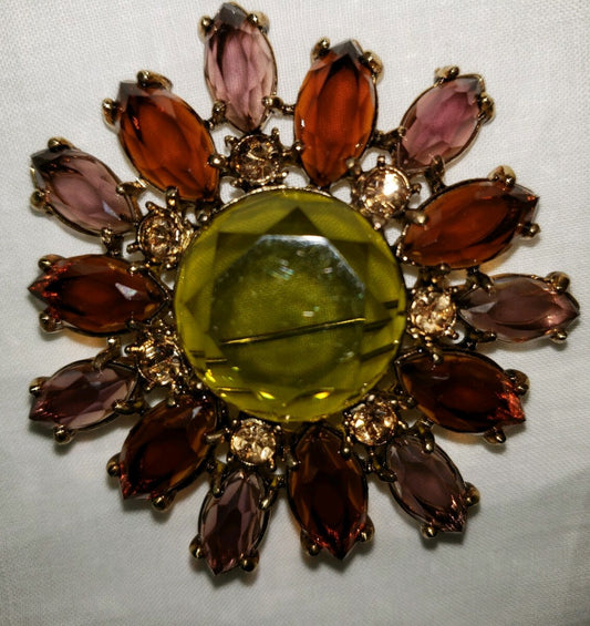 Vintage Signed Monet Topaz+ Green Rhinestone Round Brooch Flower Pin