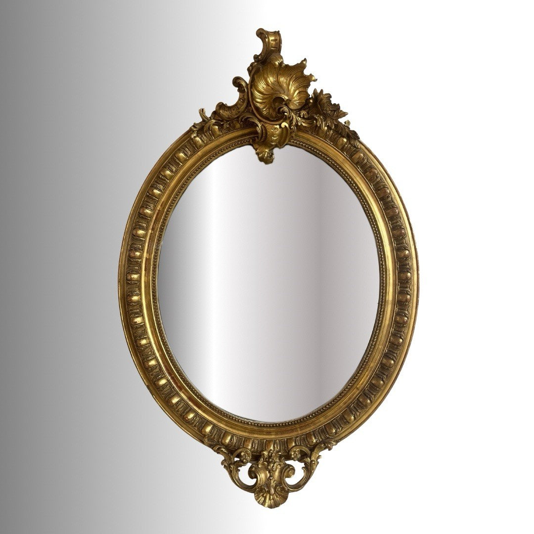 LARGE LOUIS XVI GOLD GILTWOOD OVAL WALL HANGING MIRROR, 55"H