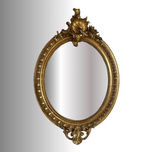 LARGE LOUIS XVI GOLD GILTWOOD OVAL WALL HANGING MIRROR, 55"H