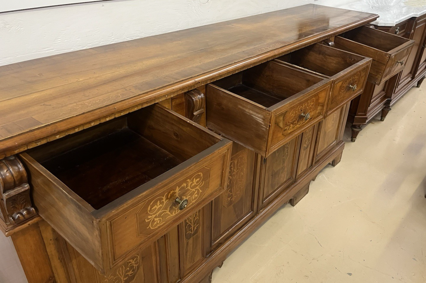 LARGE ITALIAN BURLED WALNUT & MARQUETRY SIDEBOARD, 94"L