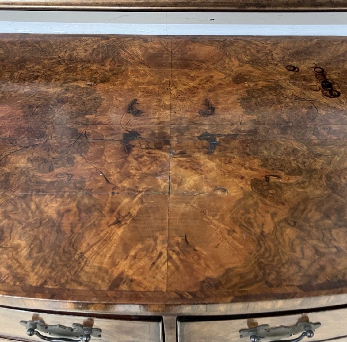 PERIOD ENGLISH REGENCY BURLED WALNUT BOW FRONT TALL CHEST OF DRAWERS