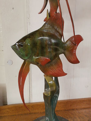 Cast Bronze Patinated Fish Sculpture H 43" on a marble base