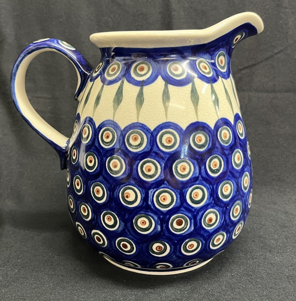 Boleslawiec Polish Pottery 56 oz Pitcher, Peacock Pattern, 7.5 in