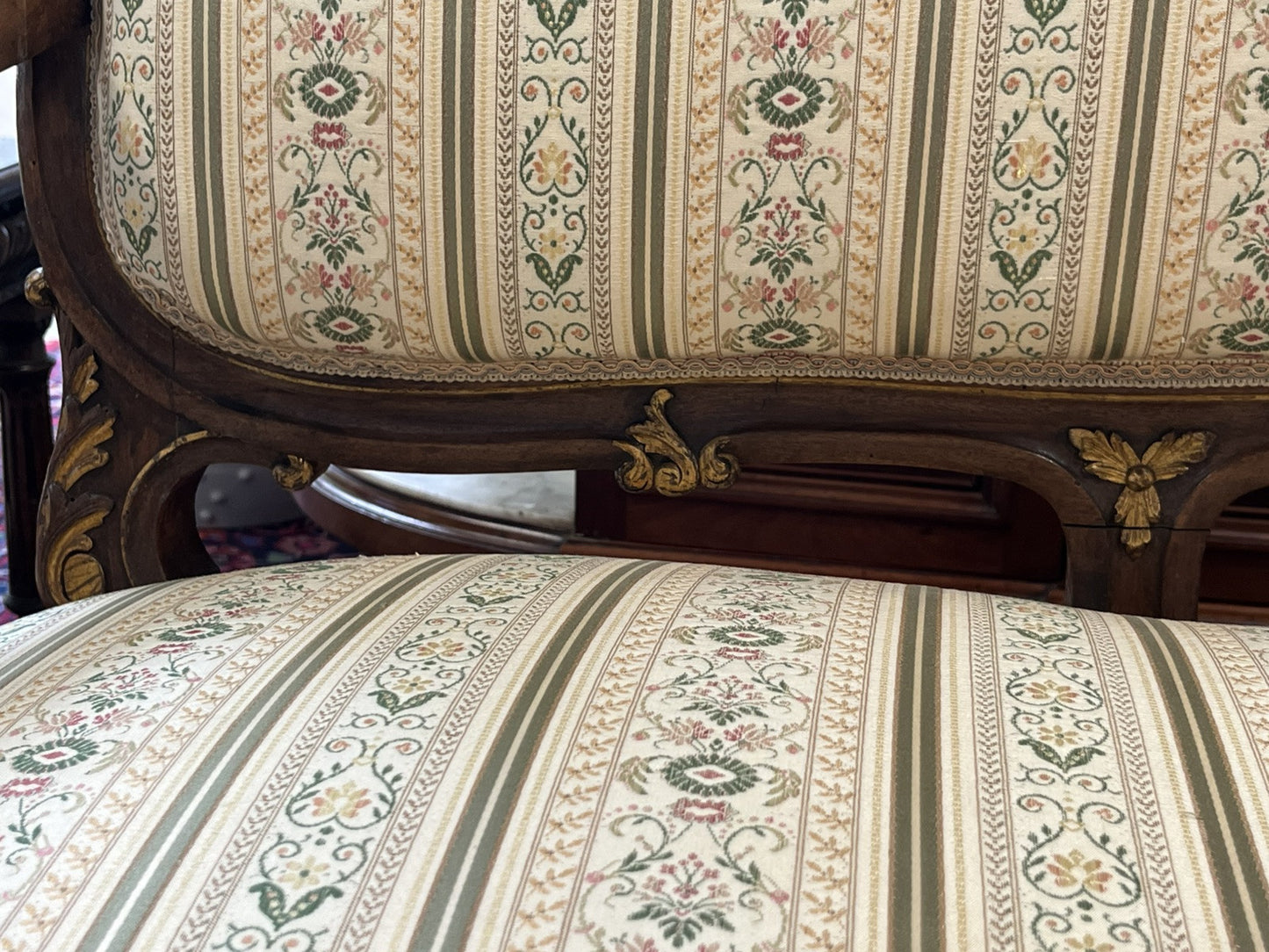 ANTIQUE FRENCH LOUIS XV CARVED & PARCEL-GILT UPHOLSTERED SALON SOFA COUCH SETTEE