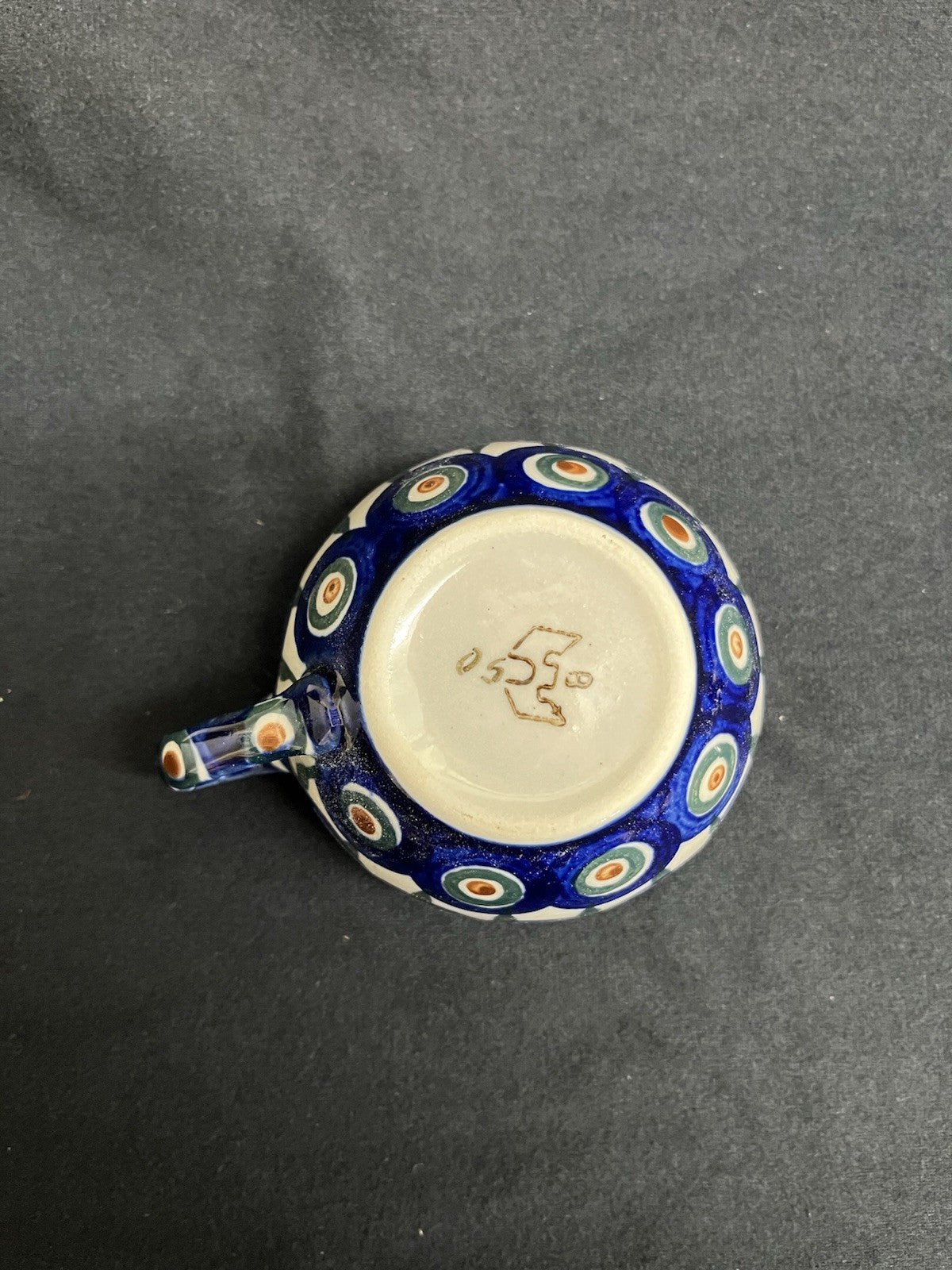 Boleslawiec Polish Pottery Cup and Saucer, Peacock Pattern