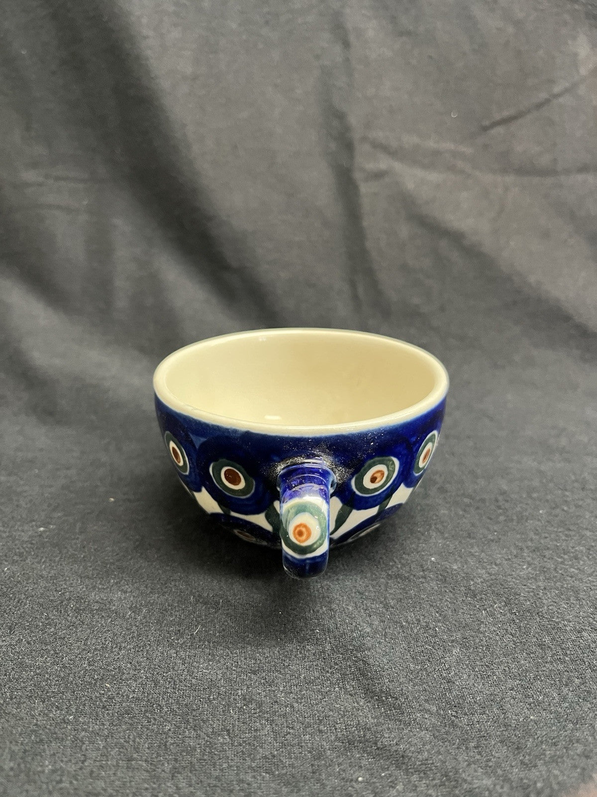 Boleslawiec Polish Pottery Cup and Saucer, Peacock Pattern