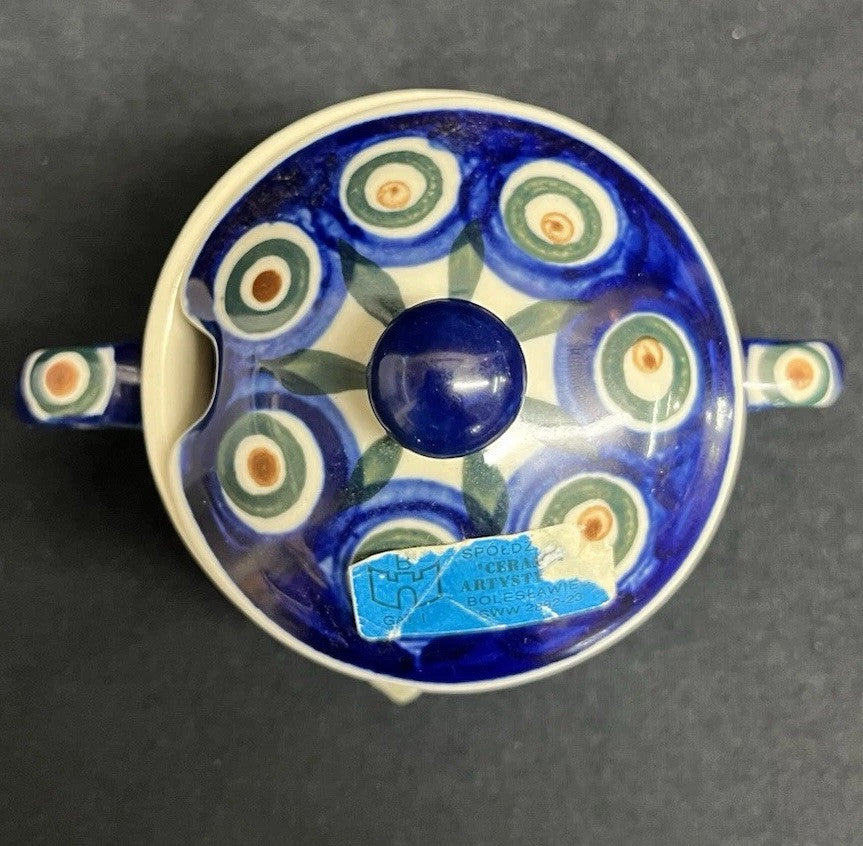 Boleslawiec Polish Pottery Sugar Bowl & Creamer Set w/ Plate Peacock Pattern