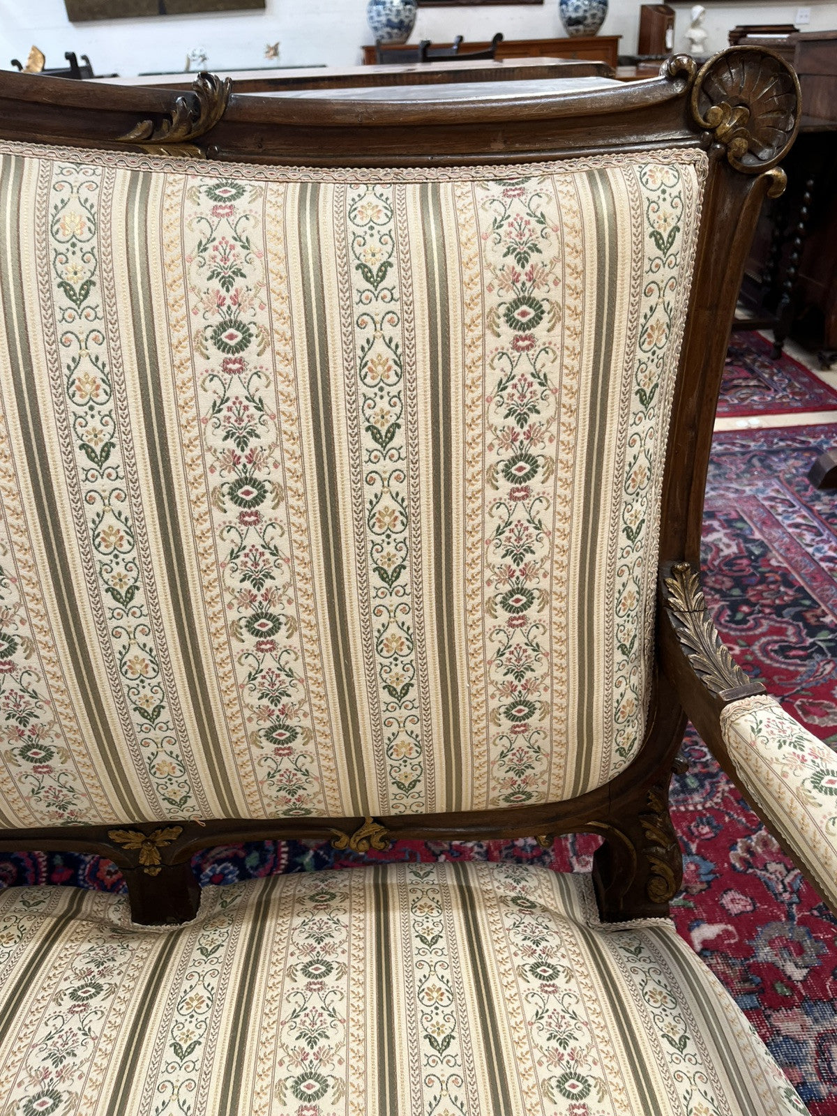 ANTIQUE FRENCH LOUIS XV CARVED & PARCEL-GILT UPHOLSTERED SALON SOFA COUCH SETTEE