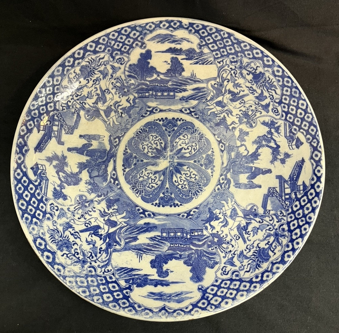 LARGE JAPANESE BLUE & WHITE PORCELAIN CHARGER, 18"DIAM