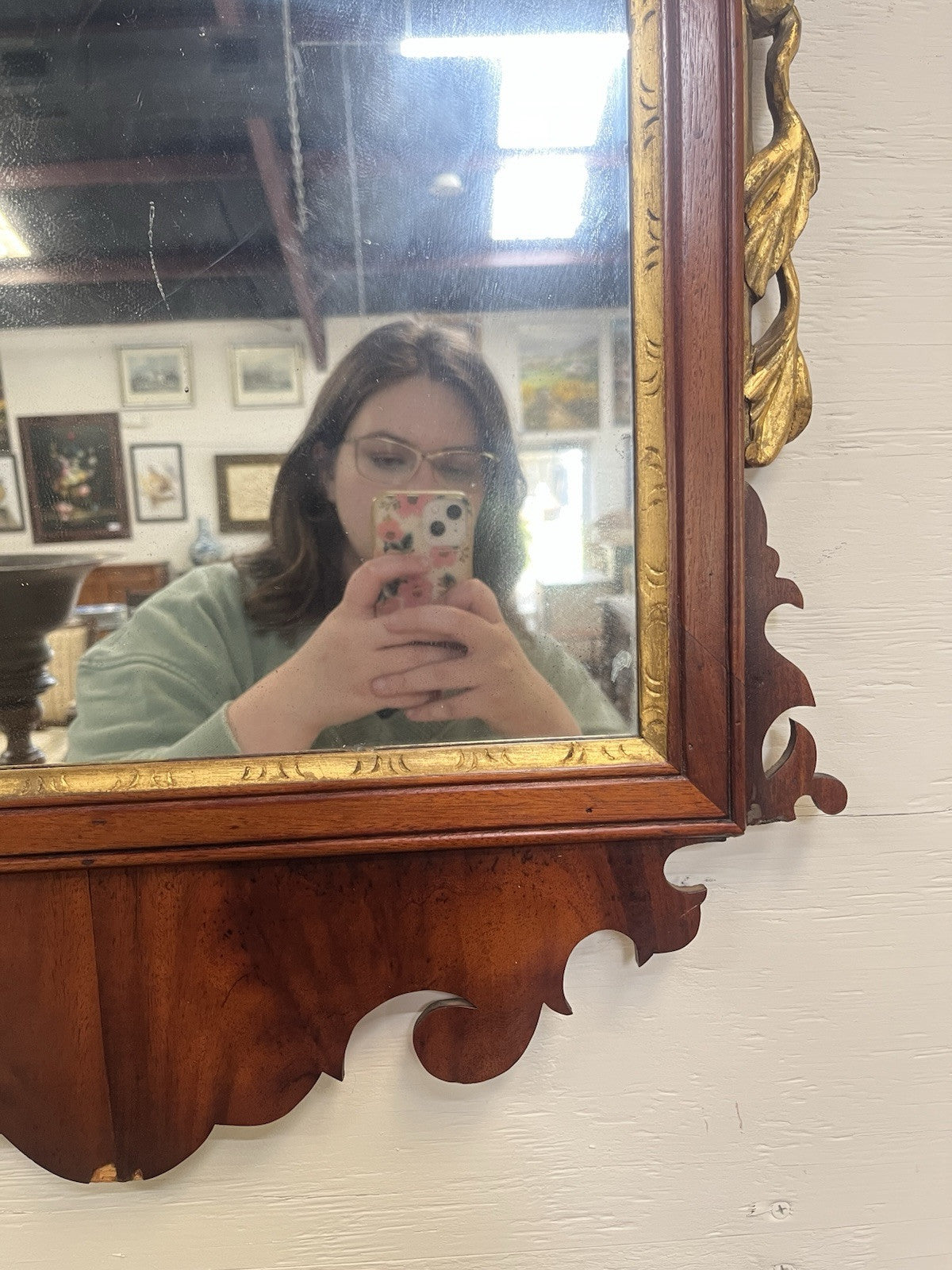 Antique English Chippendale Mahogany Parcel Gilt Mirror w/ Phoenix Bird CL1