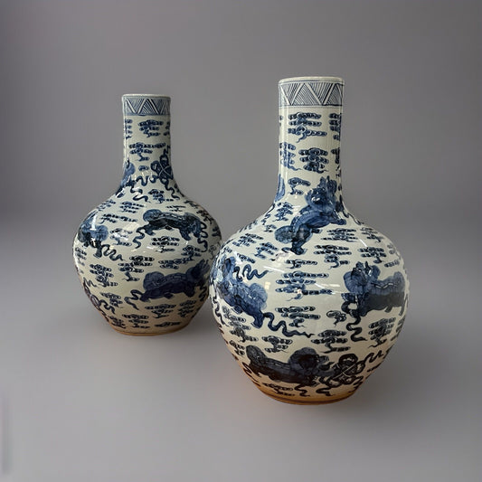 PAIR OF LARGE CHINESE BLUE & WHITE PORCELAIN BOTTLE NECK VASES, 24"H x14"