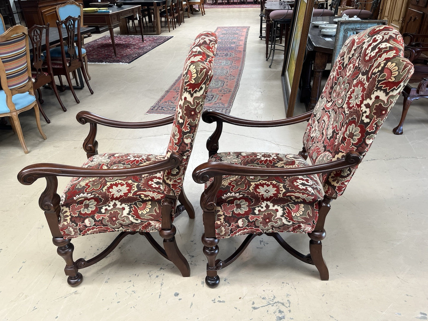 Pair French style  Armchairs  wood carved new upholstery w 2 pillows CL7