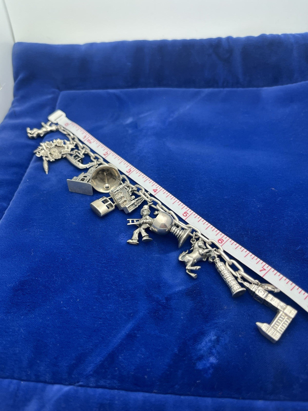 Vintage German 835 Sterling Silver Charm Bracelet  12 Charms 7 3/8 in Length