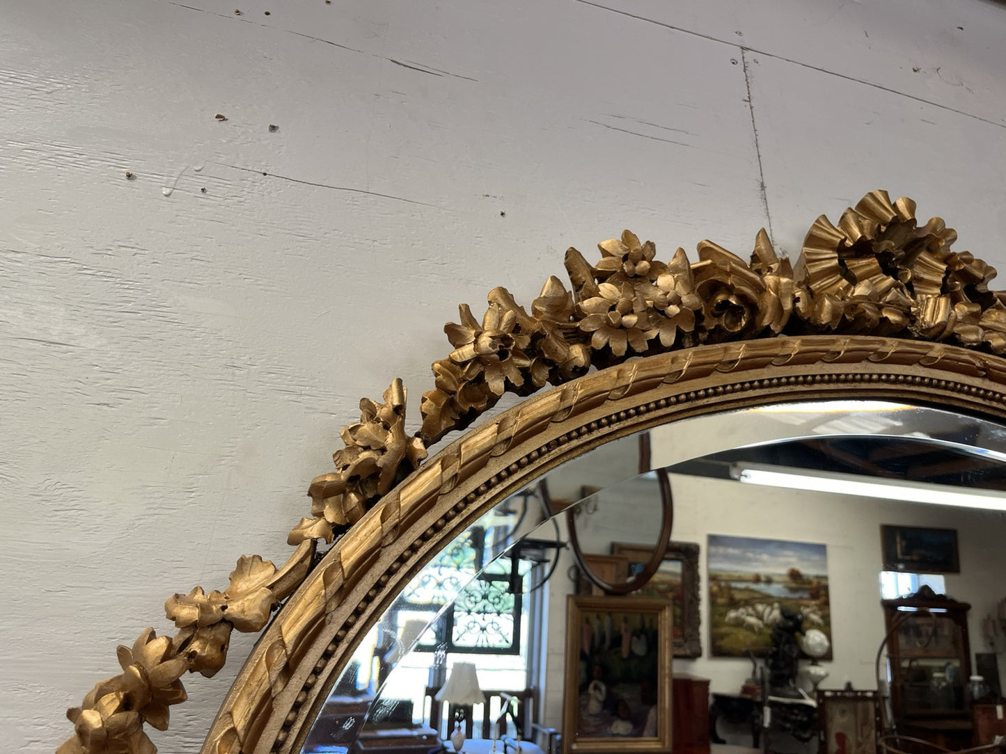 LOUIS XVI CARVED FLORAL SWAG GILT GOLD PAINTED BEVELED OVAL WALL MIRROR 51x43