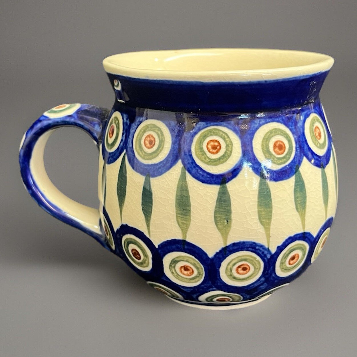 Boleslawiec Polish Pottery Belly Mug, Peacock Pattern, 3.75 in,  6 mugs avail