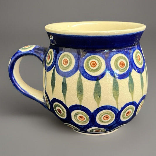 Boleslawiec Polish Pottery Belly Mug, Peacock Pattern, 3.75 in,  6 mugs avail