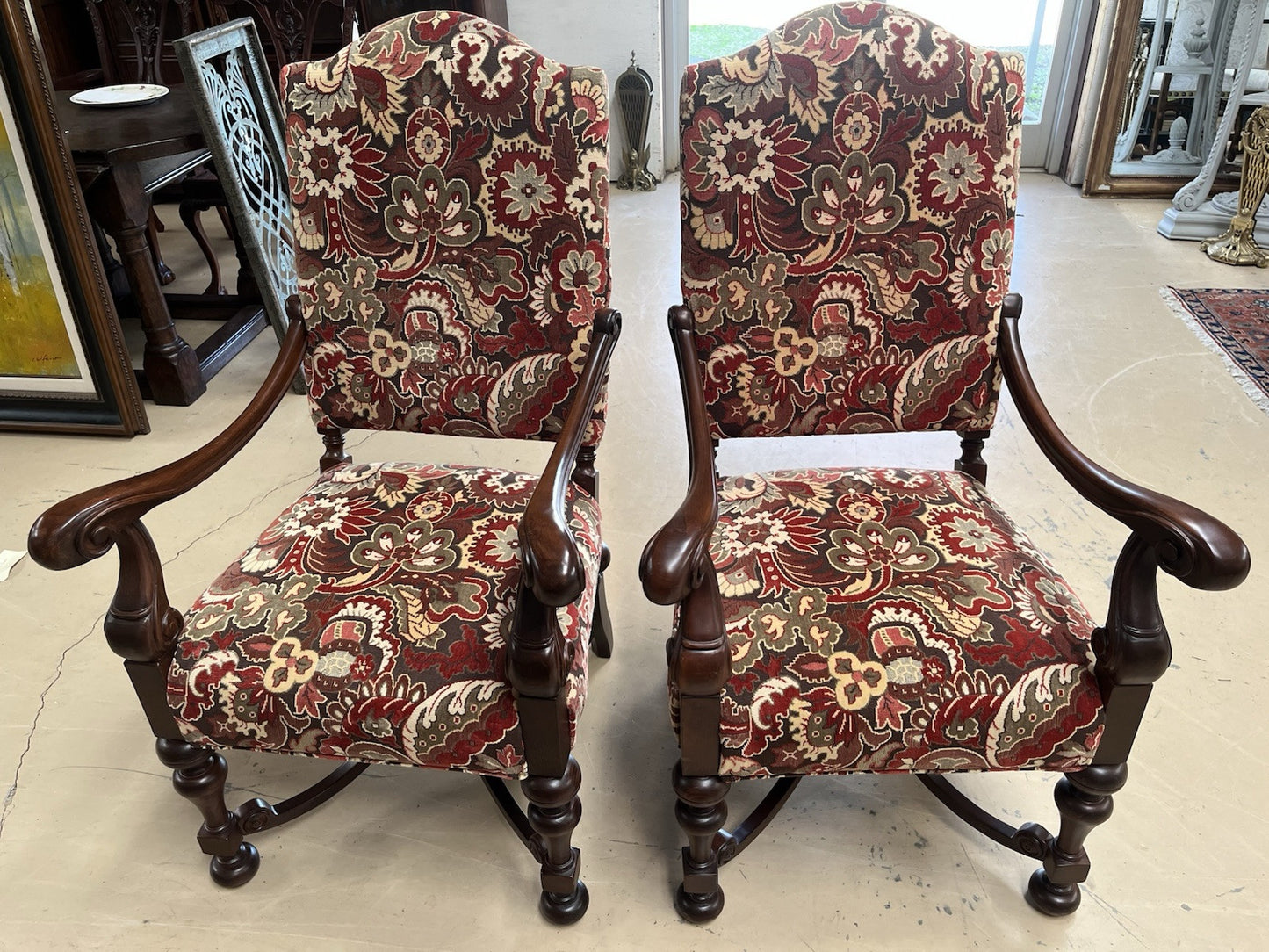Pair French style  Armchairs  wood carved new upholstery w 2 pillows CL7