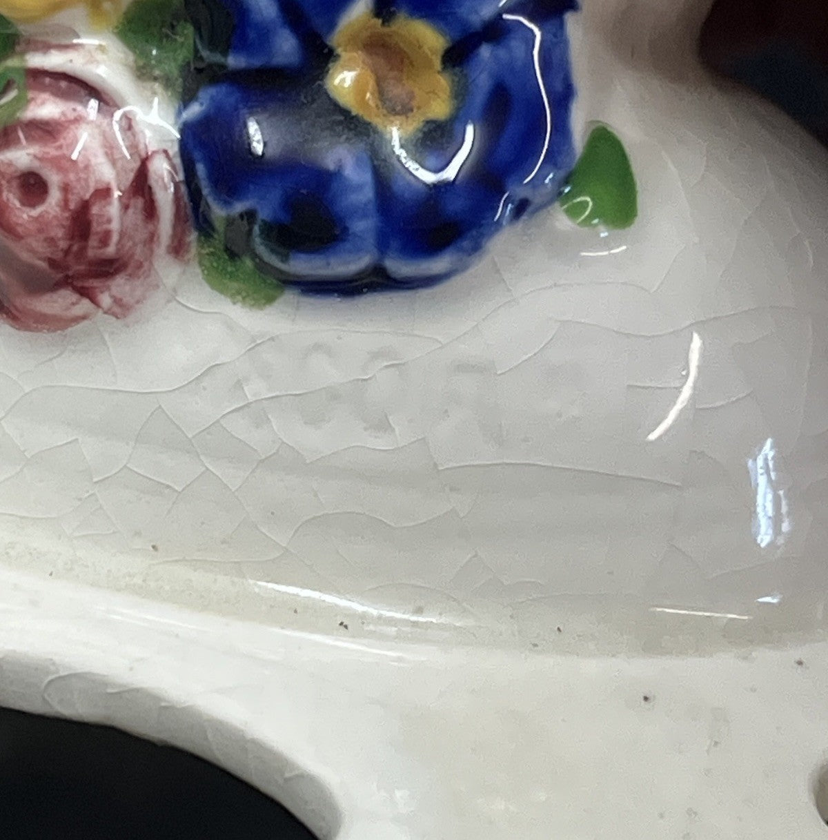 Antique PORCELAIN FLOWER FROG CHERUB  PUTTI FIGURINE w Flower Basket H9.5"