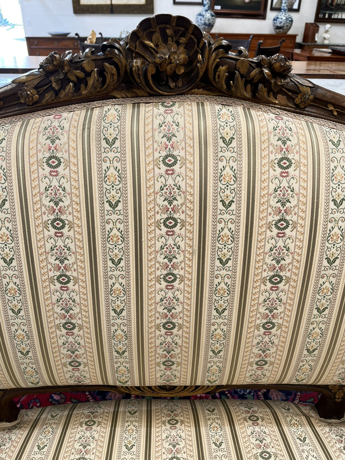 ANTIQUE FRENCH LOUIS XV CARVED & PARCEL-GILT UPHOLSTERED SALON SOFA COUCH SETTEE