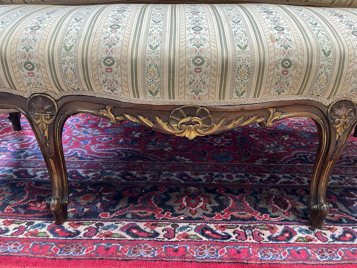 ANTIQUE FRENCH LOUIS XV CARVED & PARCEL-GILT UPHOLSTERED SALON SOFA COUCH SETTEE