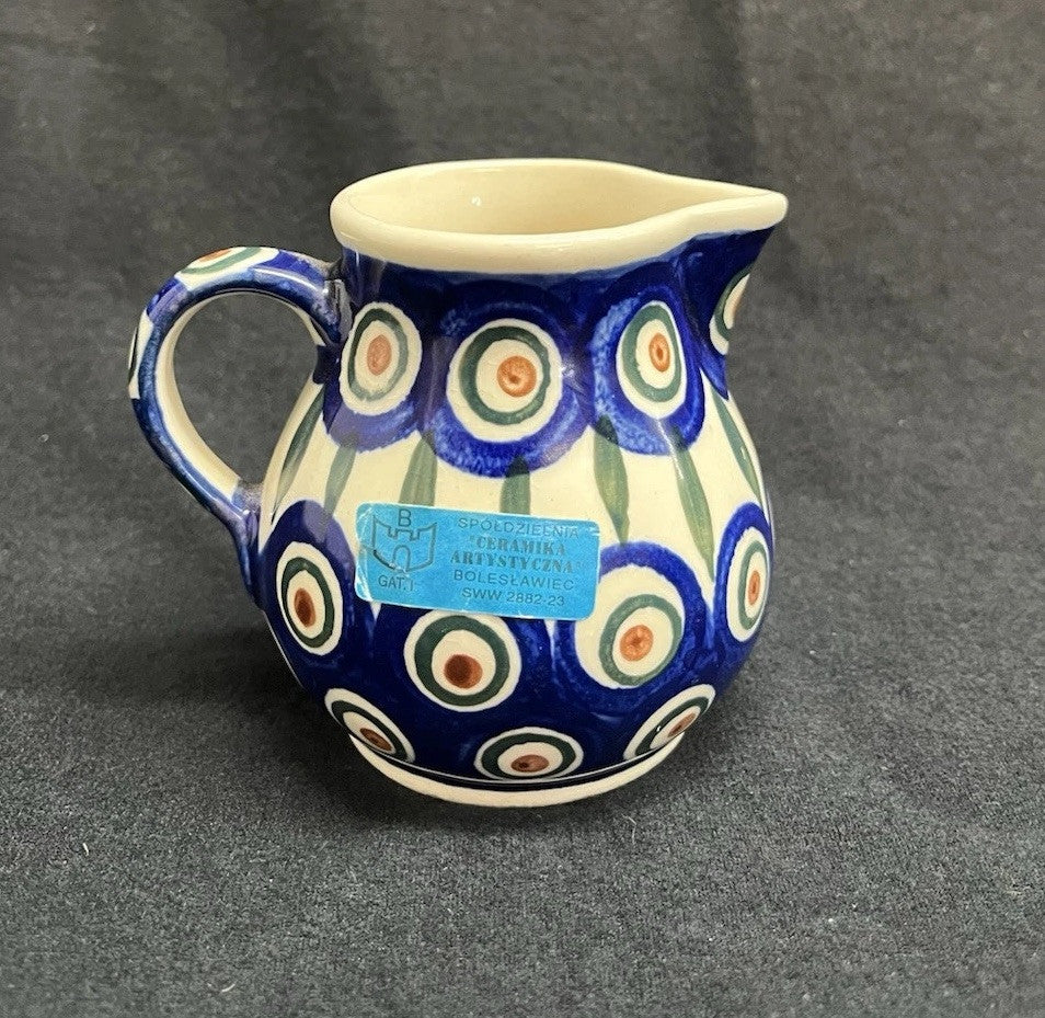 Boleslawiec Polish Pottery Sugar Bowl & Creamer Set w/ Plate Peacock Pattern
