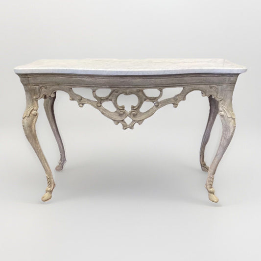 Antique Italian Pierced & White Washed Console Table w/ Marble Top