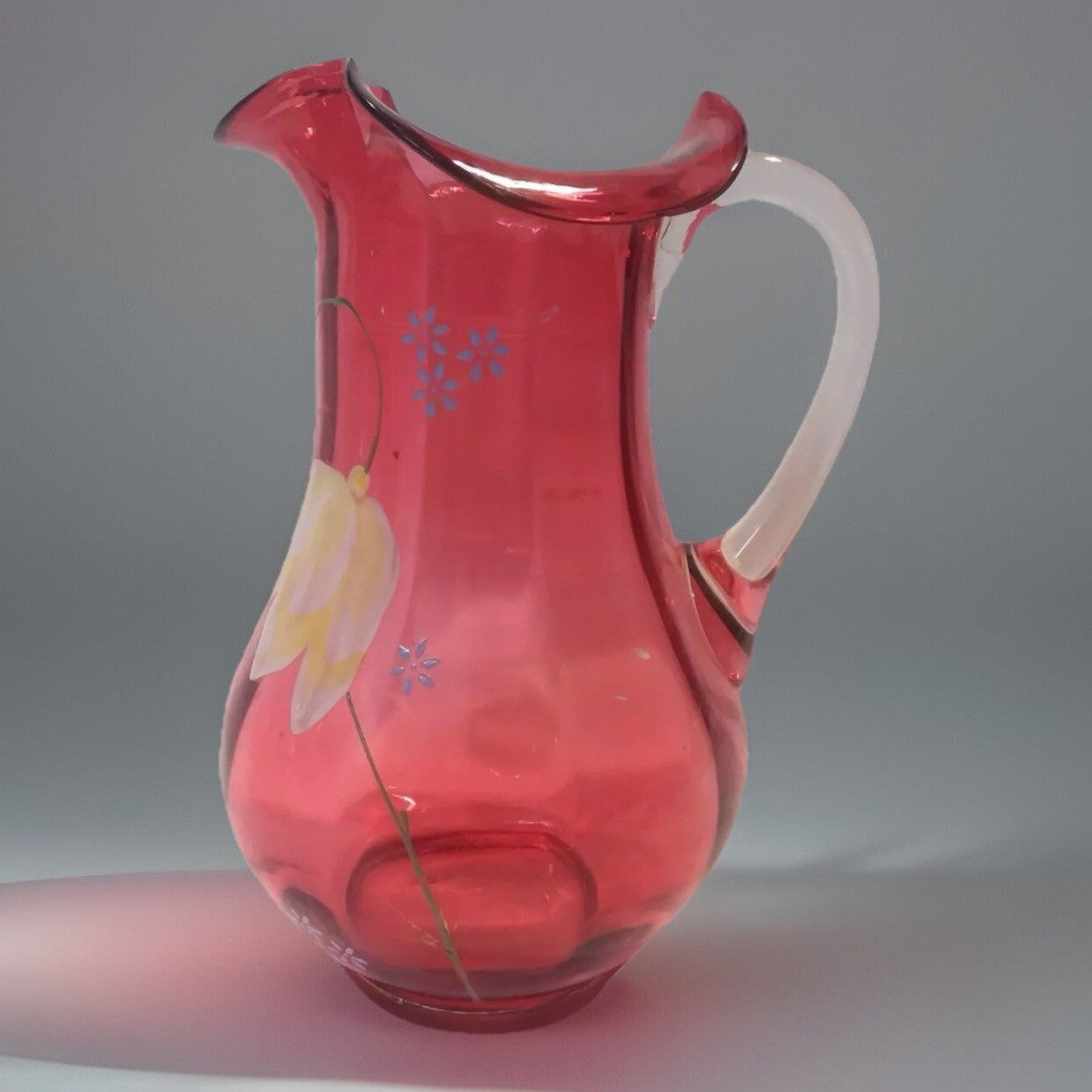Antique Victorian  Cranberry Glass 9.5" Pitcher  Enameled w Yellow Tulip 100+yrs