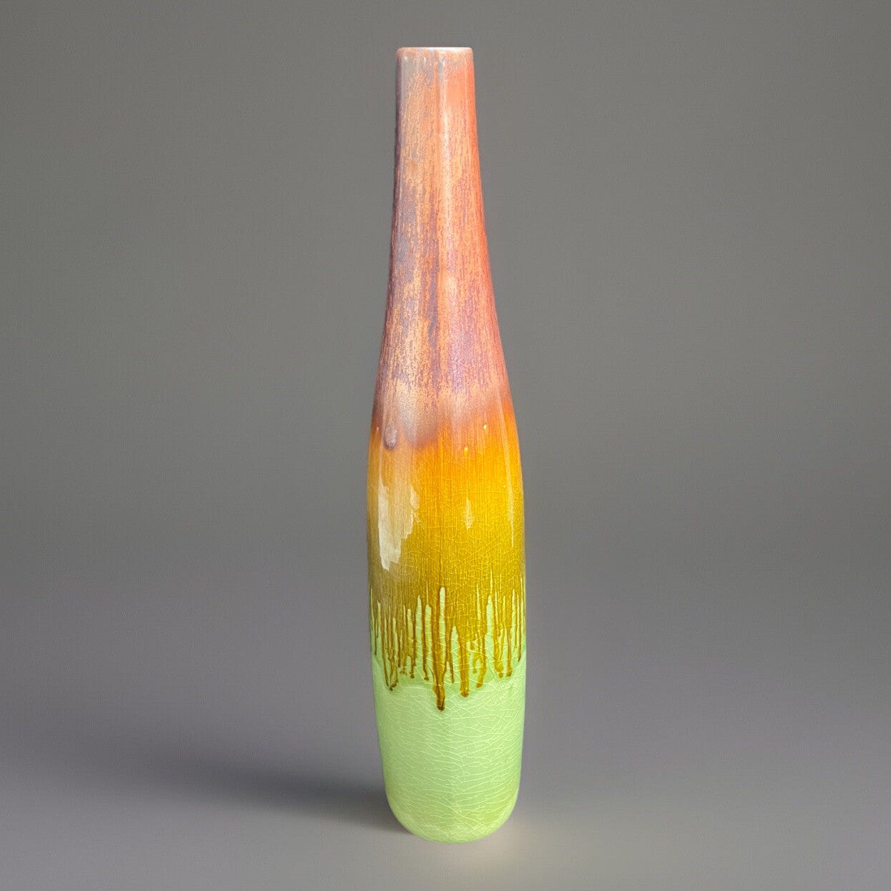 Pottery Green and Brown Drip Glaze Vase 20.5" Tall