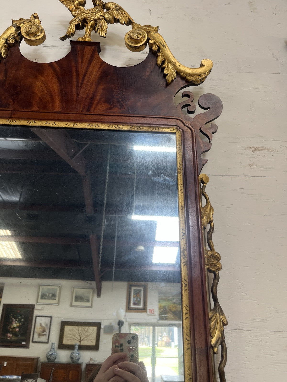 Antique English Chippendale Mahogany Parcel Gilt Mirror w/ Phoenix Bird CL1