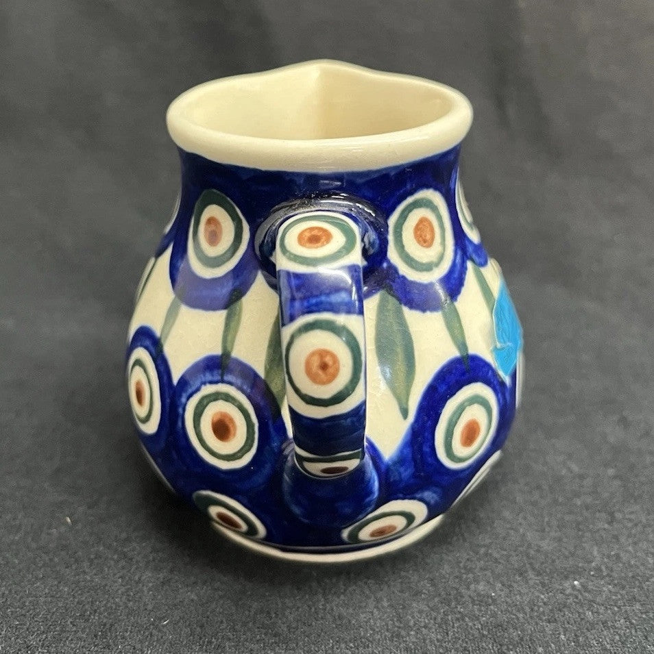 Boleslawiec Polish Pottery Sugar Bowl & Creamer Set w/ Plate Peacock Pattern