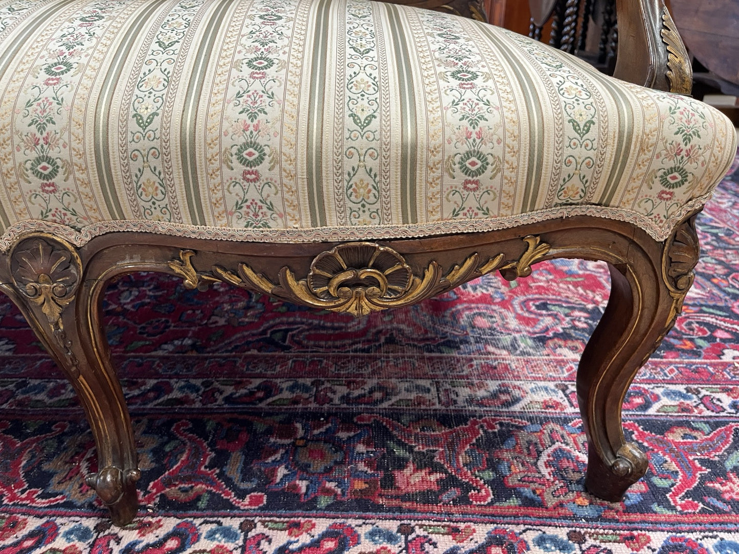 ANTIQUE FRENCH LOUIS XV CARVED & PARCEL-GILT UPHOLSTERED SALON SOFA COUCH SETTEE
