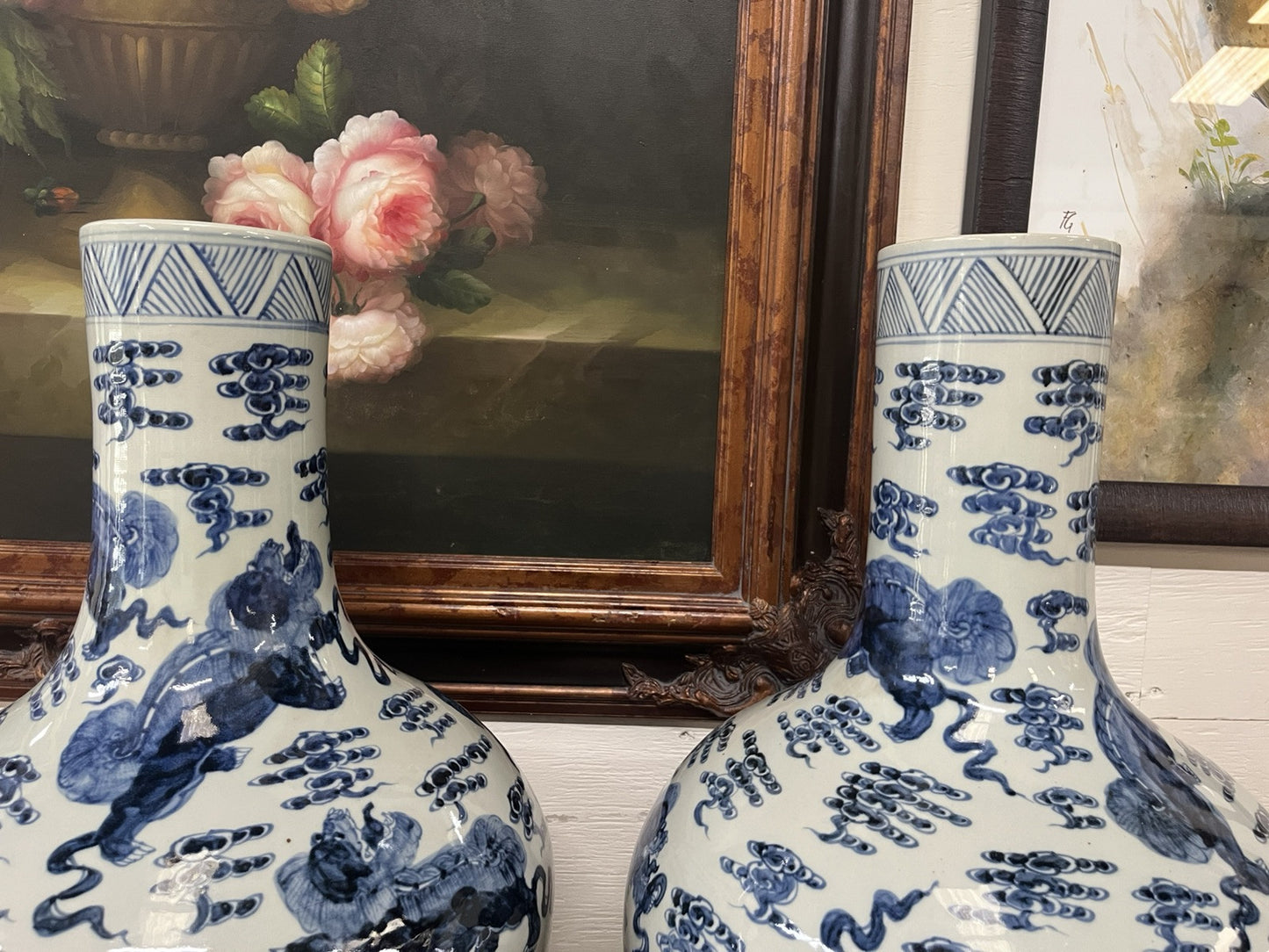 PAIR OF LARGE CHINESE BLUE & WHITE PORCELAIN BOTTLE NECK VASES, 24"H x14"