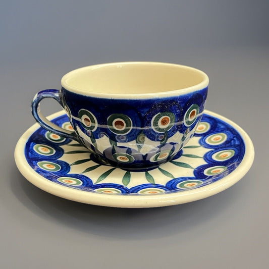 Boleslawiec Polish Pottery Cup and Saucer, Peacock Pattern